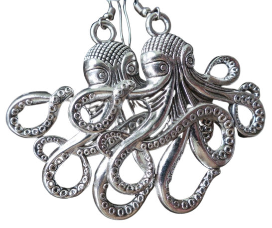 Серьги Осьминог, черненый металл, 6 см